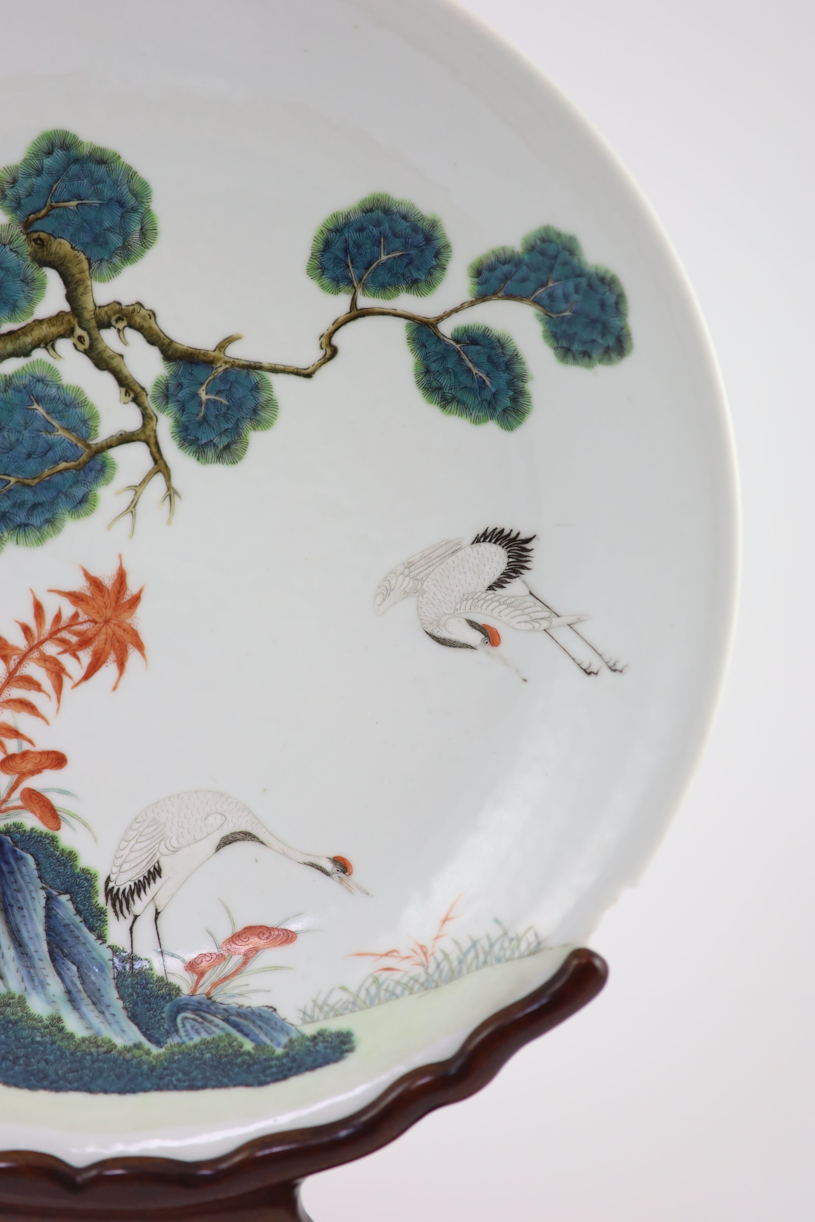 A Chinese Republic period enamelled porcelain 'crane' dish, four-character Jing Yuan Tang Zhi mark, 34.3cm diameter, rim chip